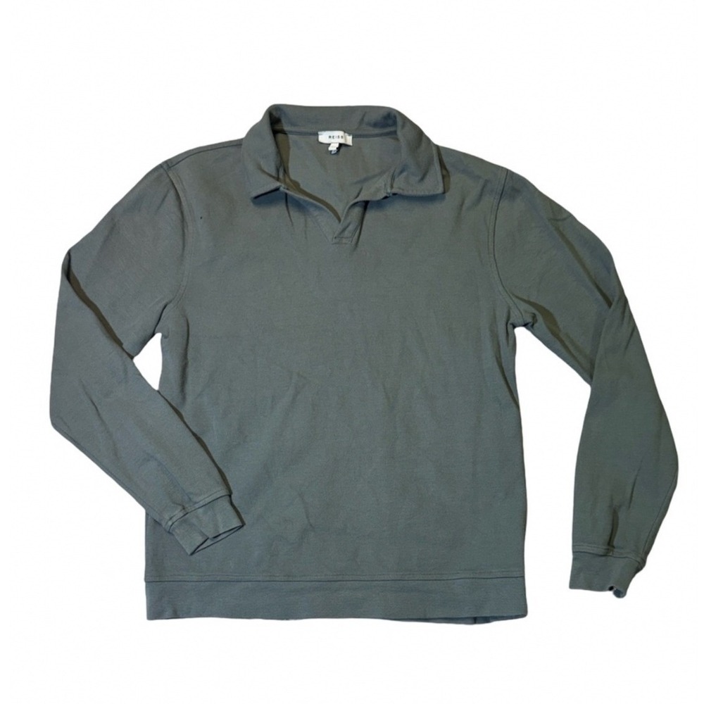 Minimalist Reiss Finley Open Collar Polo Shirt M Teal Green Pique Long Sleeve